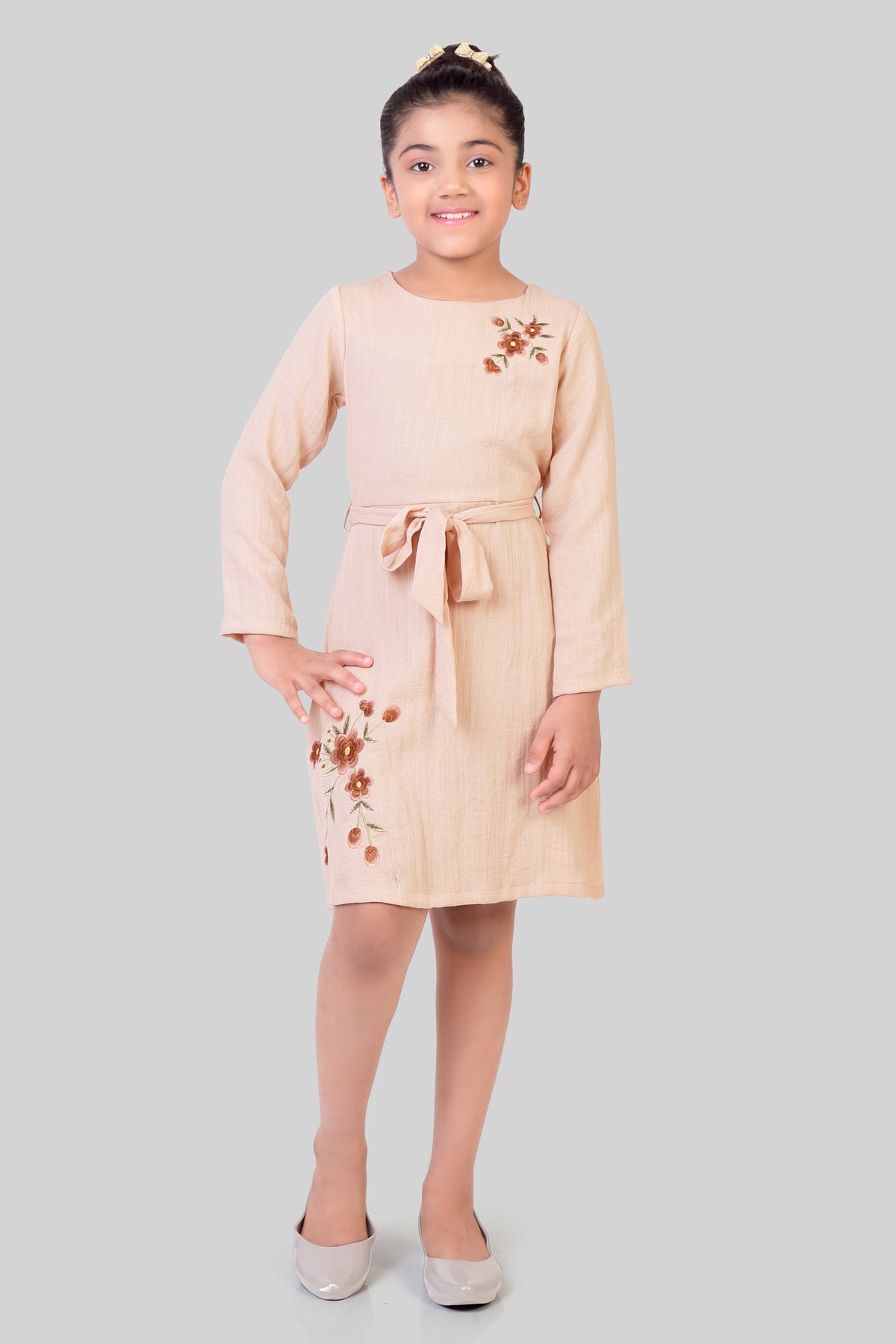 Girls Beige Floral Embroidered Regular-Fit 3/4-Sleeve Midi Dress