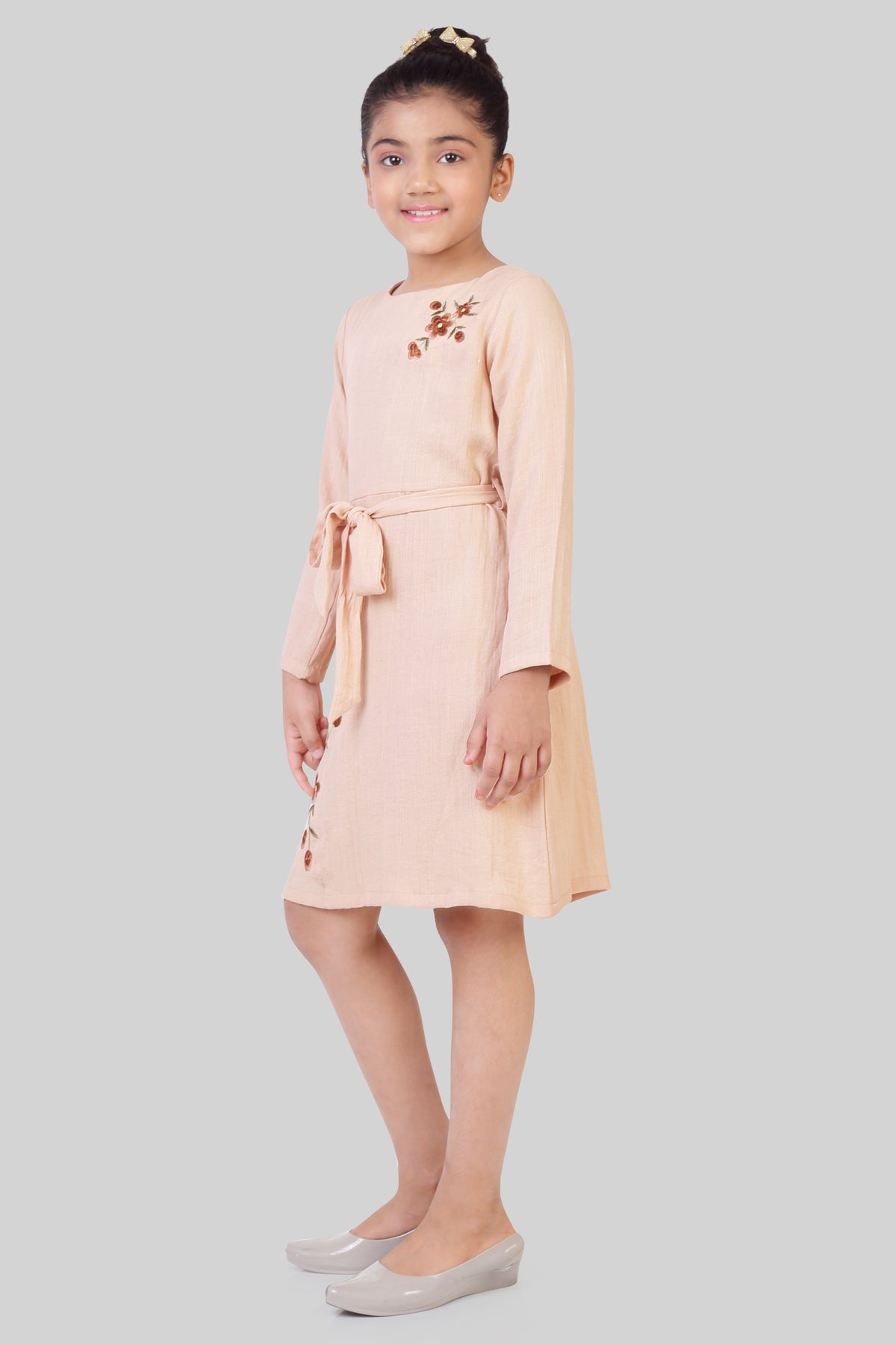 Girls Beige Floral Embroidered Regular-Fit 3/4-Sleeve Midi Dress