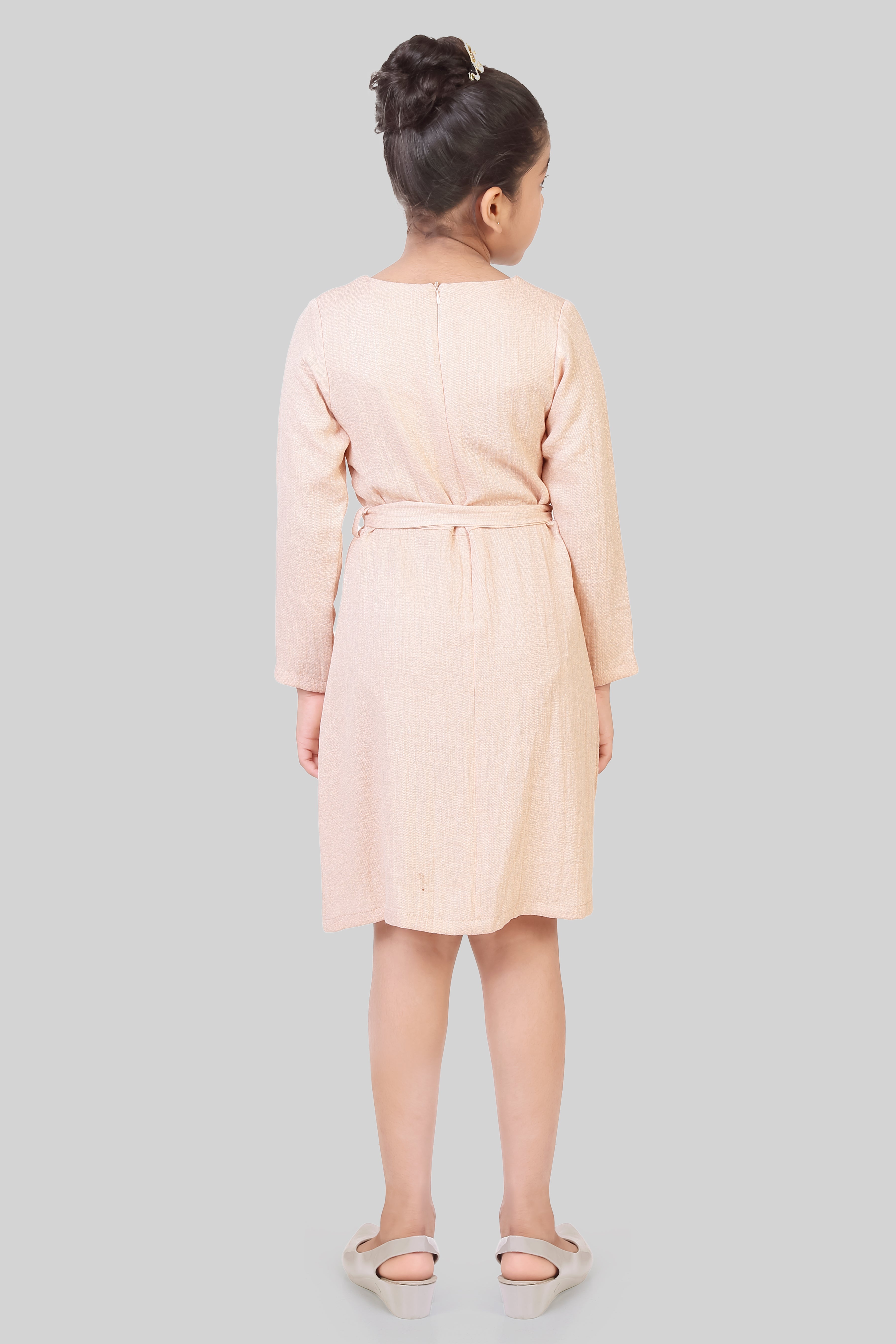 Girls Beige Floral Embroidered Regular-Fit 3/4-Sleeve Midi Dress