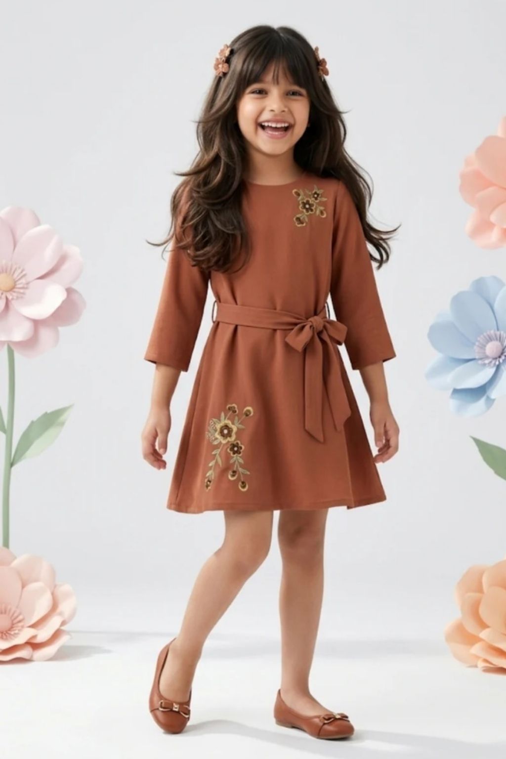 Girls Brown Floral Embroidered Cotton Midi Dress