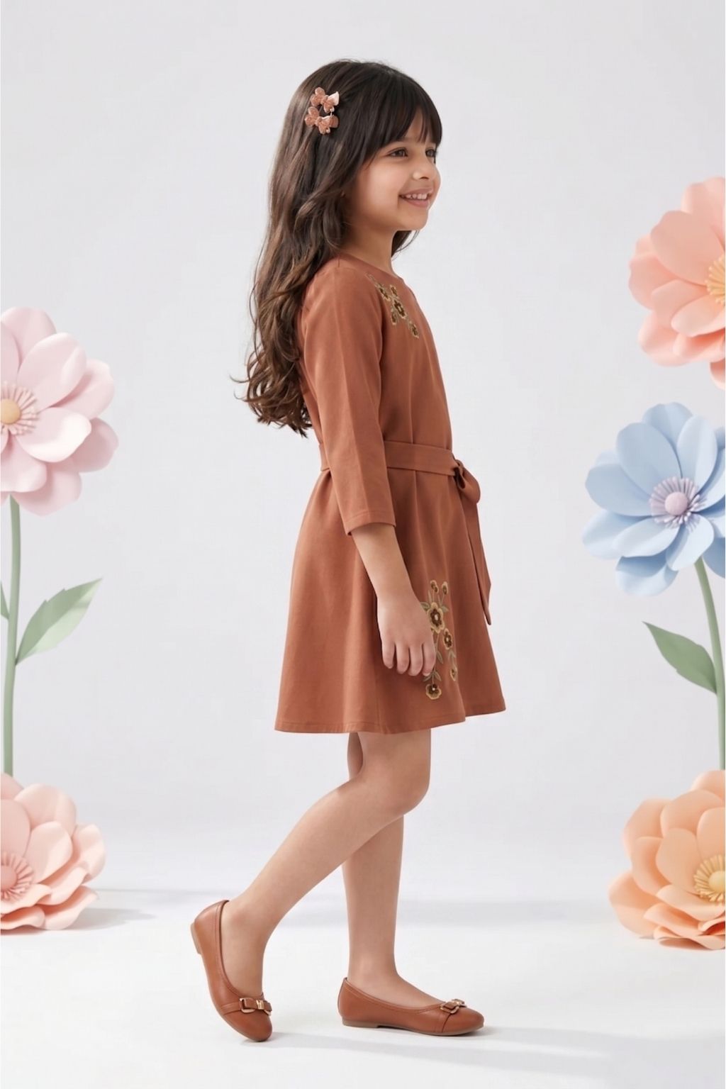Girls Brown Floral Embroidered Cotton Midi Dress