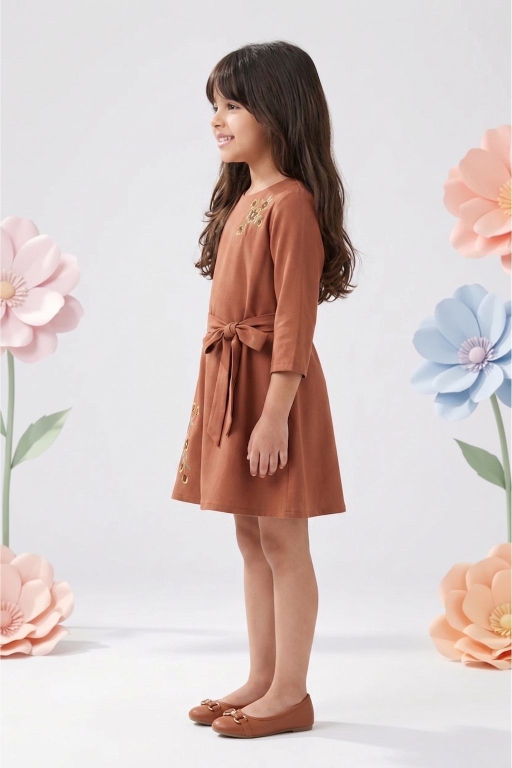 Girls Brown Floral Embroidered Cotton Midi Dress