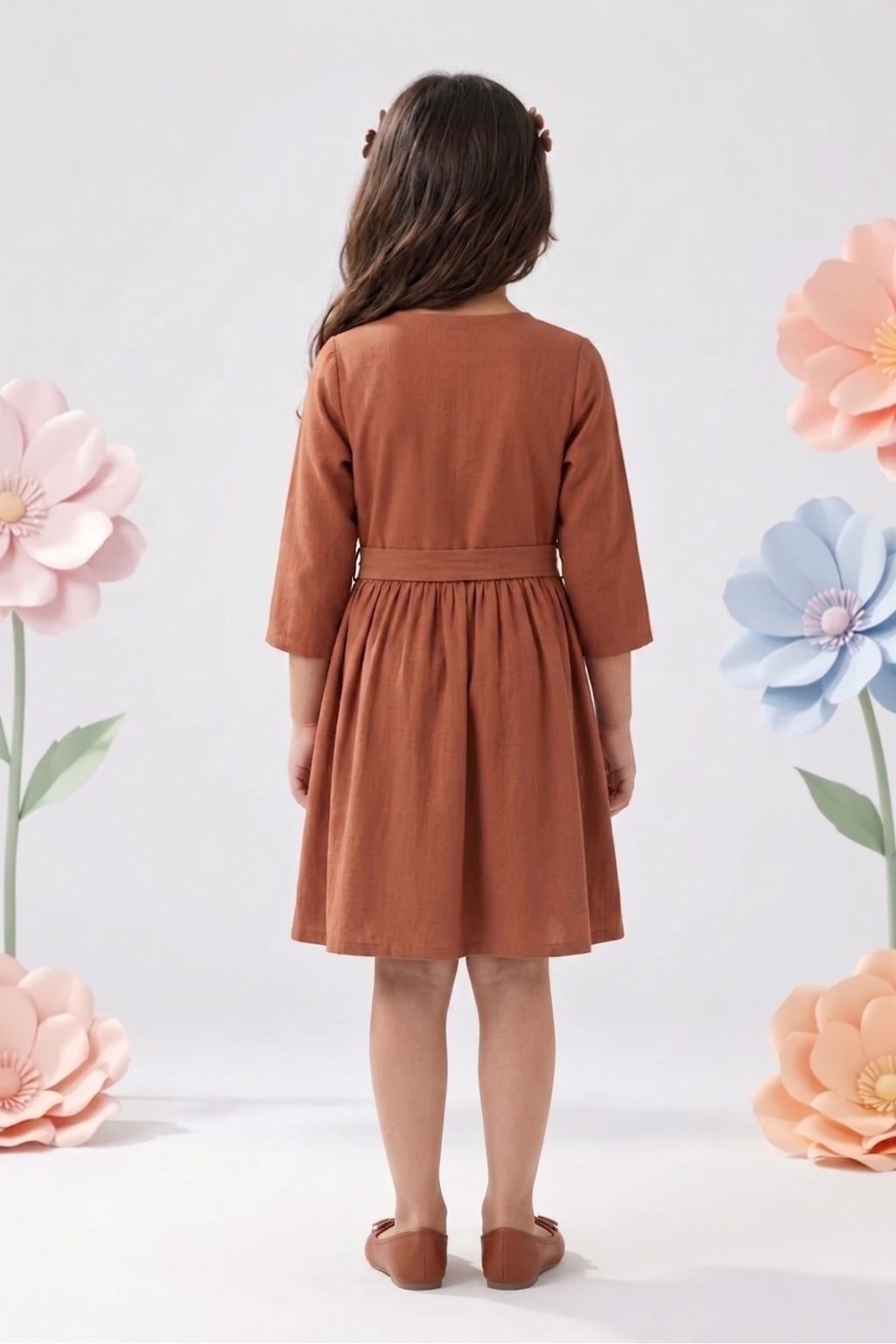 Girls Brown Floral Embroidered Cotton Midi Dress