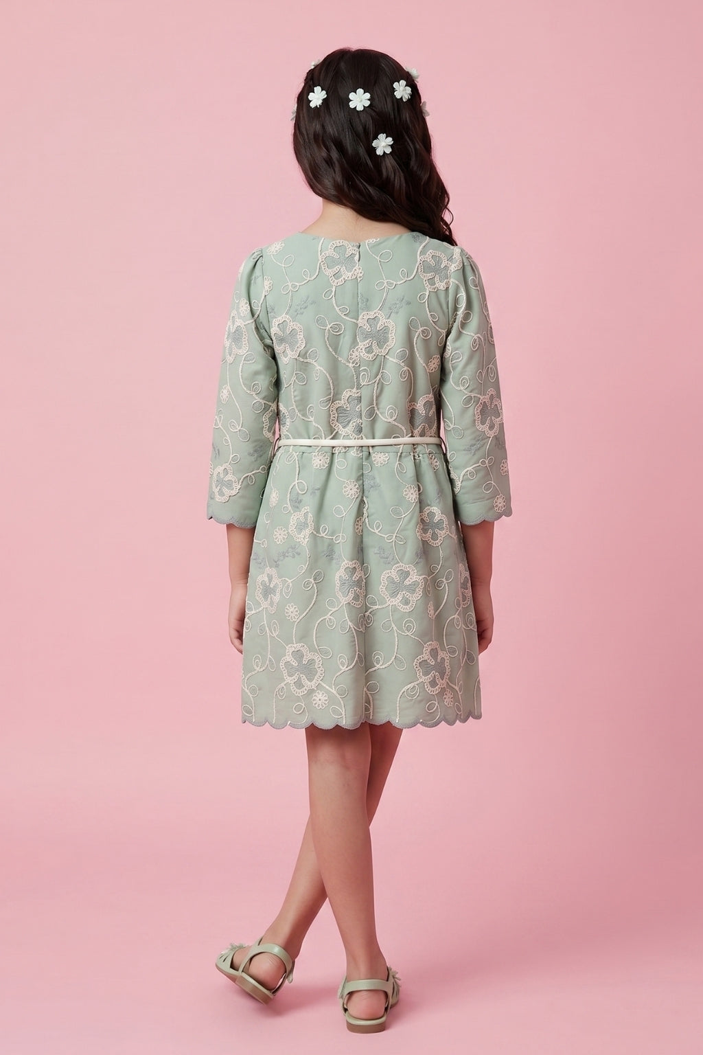 Girls Green Embroidered Cotton Summer Wear