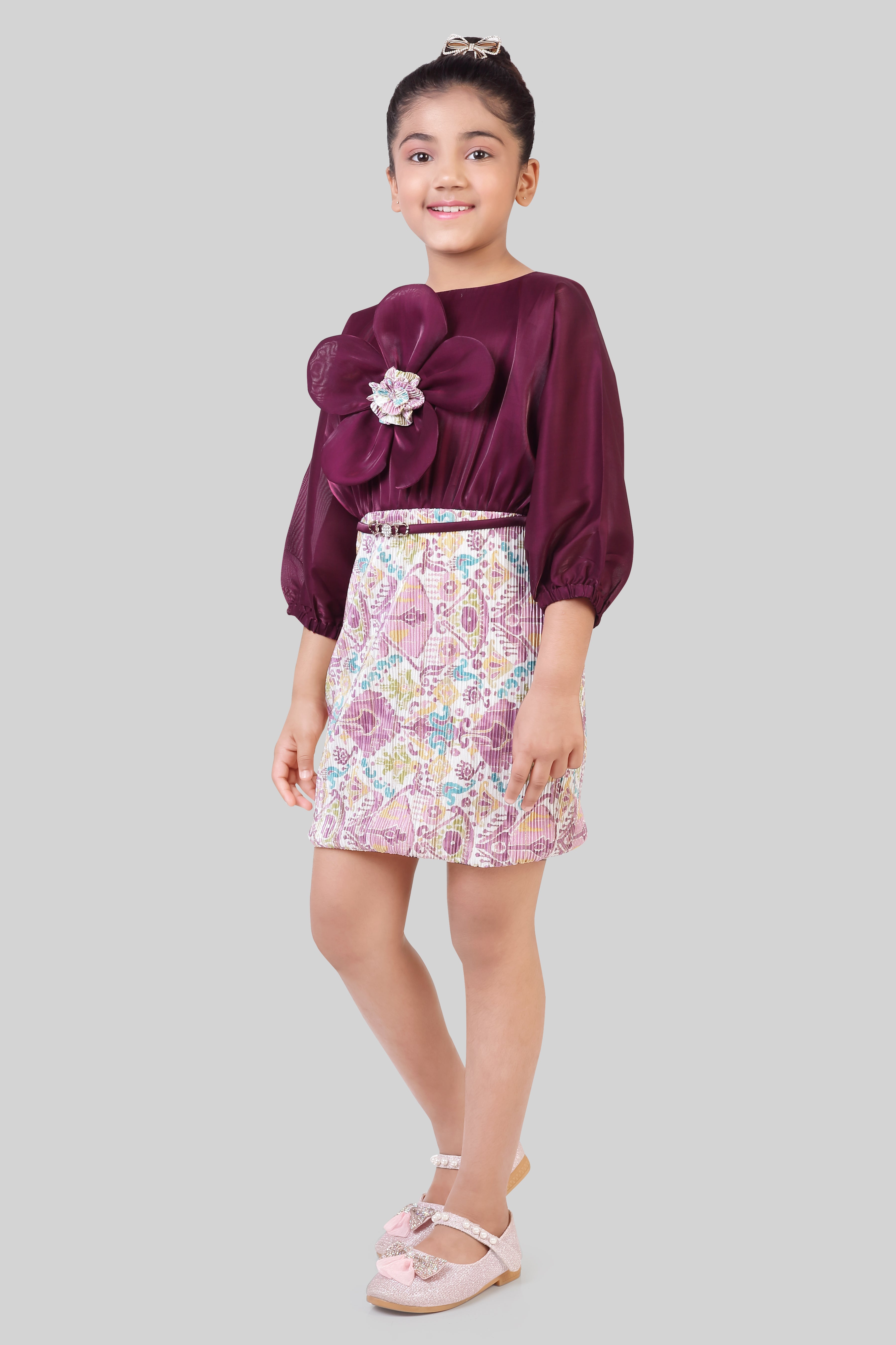 Girls Maroon Pleated Floral Embellished Slim-Fit Midi Dress