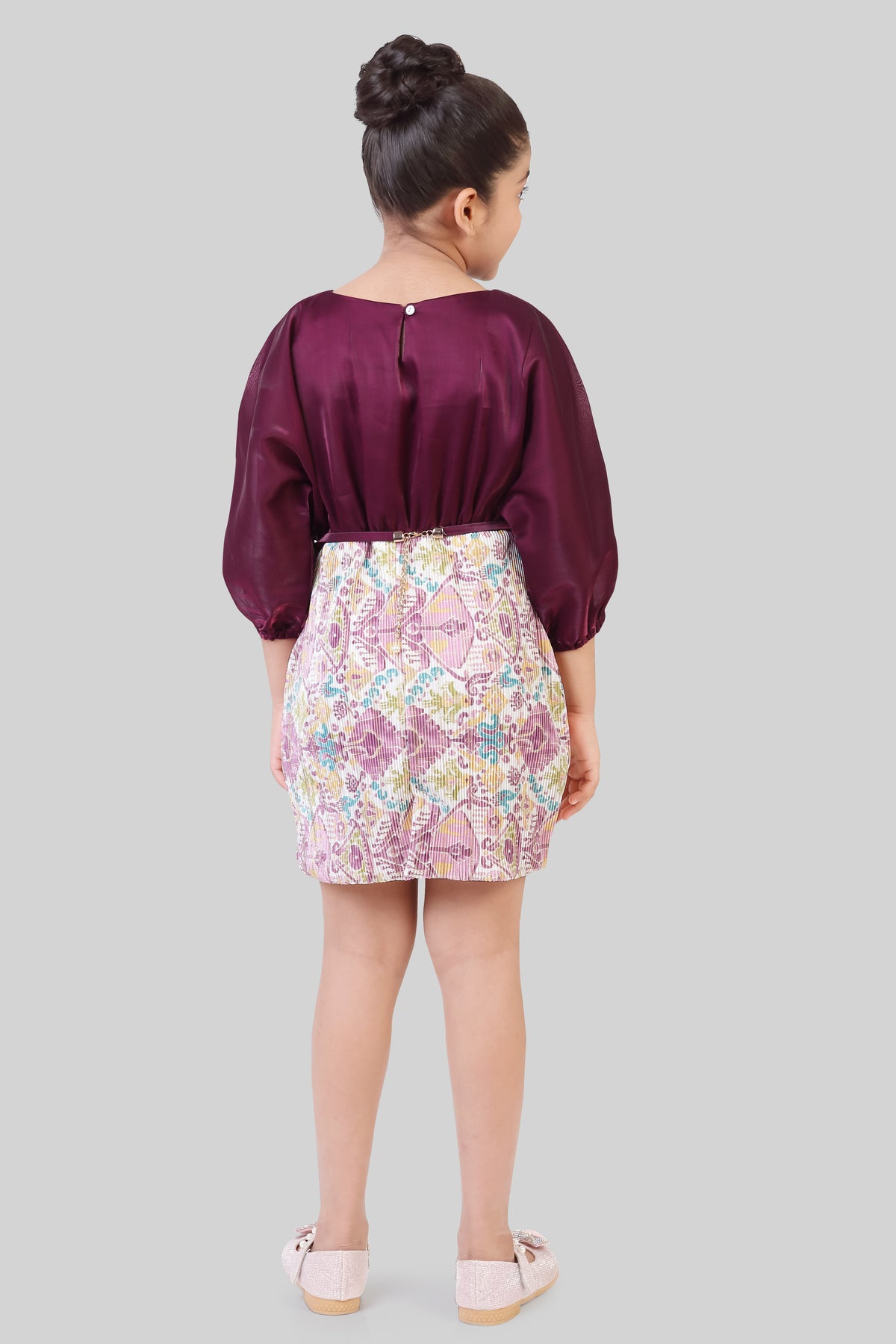 Girls Maroon Pleated Floral Embellished Slim-Fit Midi Dress