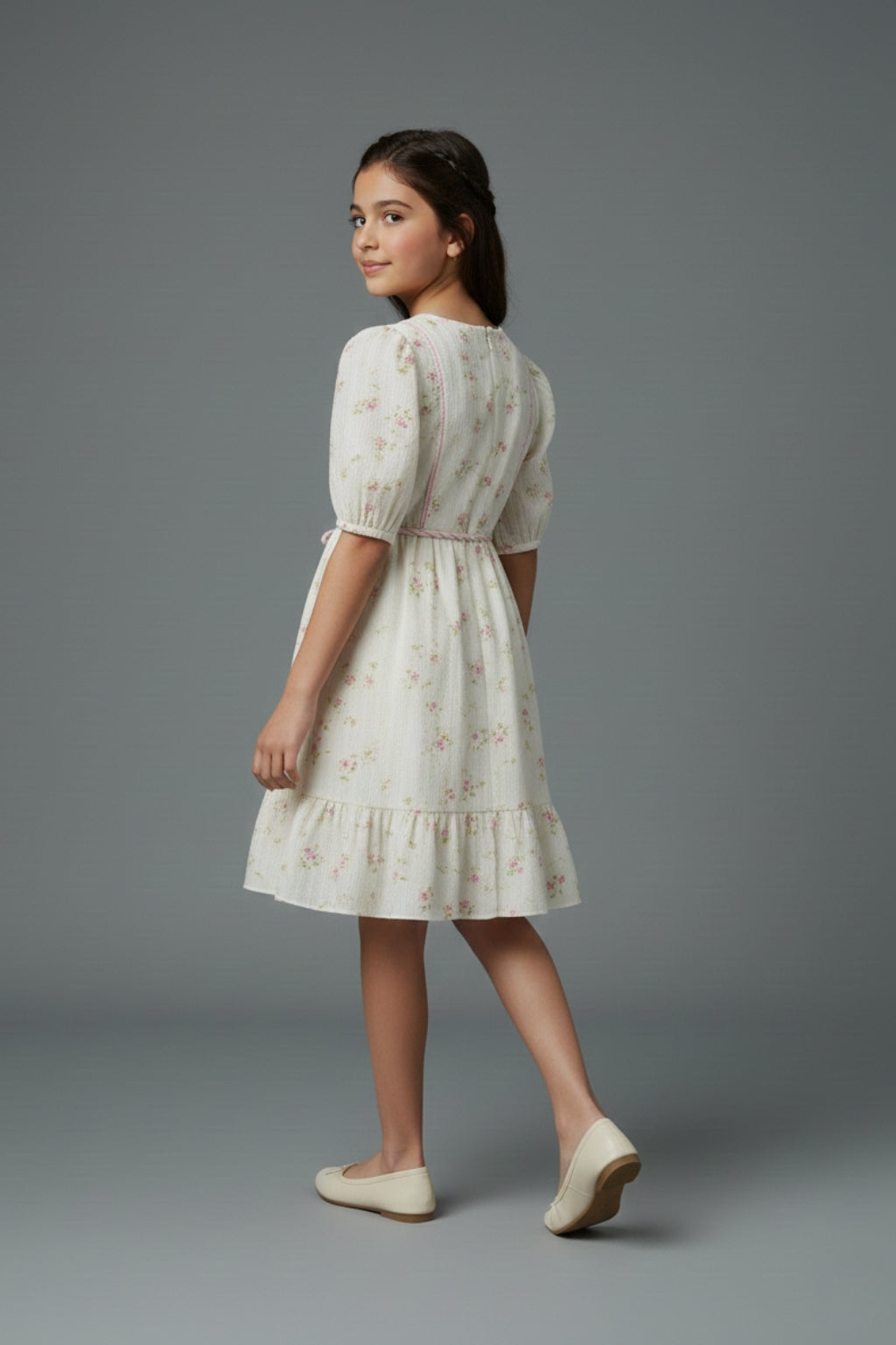 Girls Cream Embroidered Round Neck Midi Dress