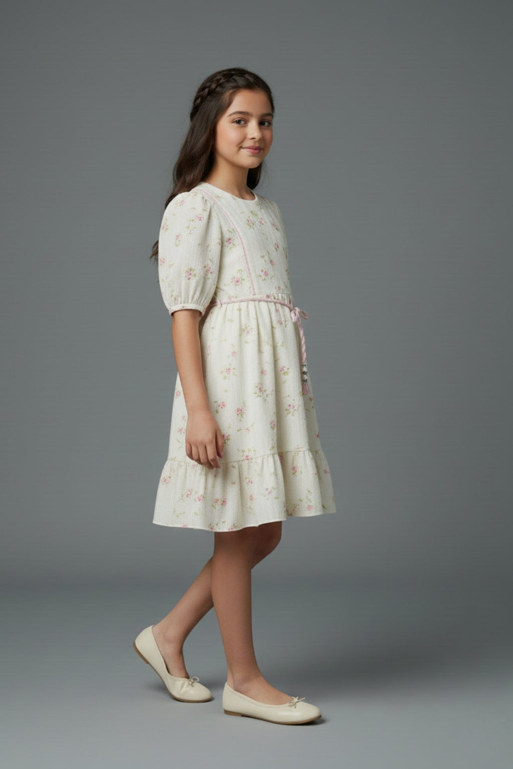 Girls Cream Embroidered Round Neck Midi Dress