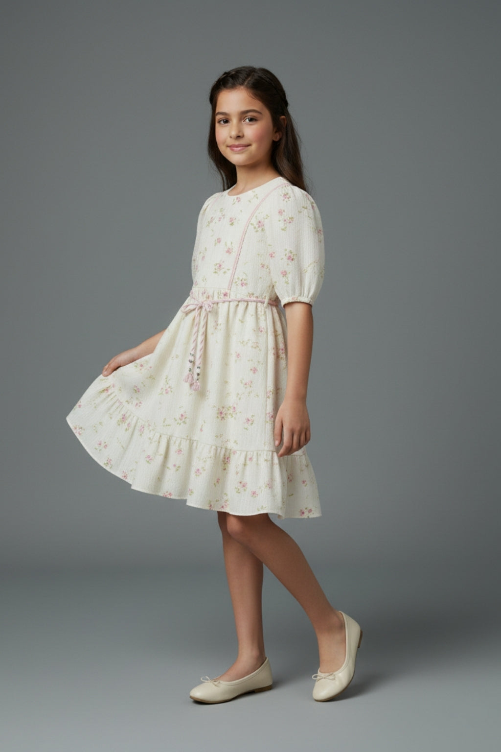 Girls Cream Embroidered Round Neck Midi Dress