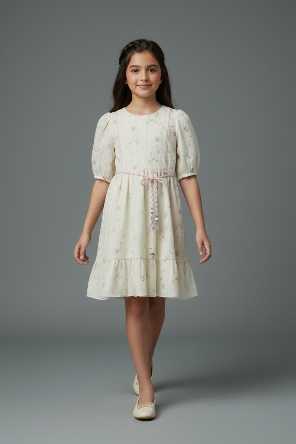 Girls Cream Embroidered Round Neck Midi Dress