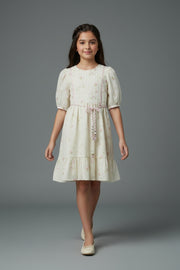 Girls Cream Embroidered Round Neck Midi Dress