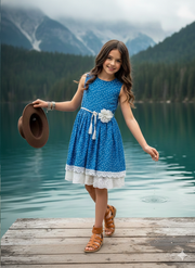 Girls Blue Printed Sleeveless Midi Dress with Lace Frill