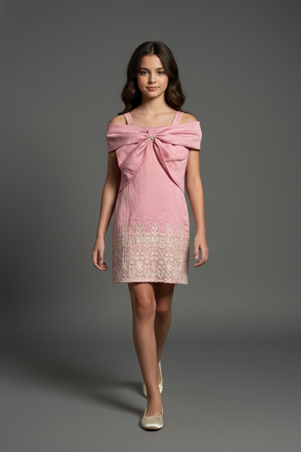 Girls Pink Embroidered Spaghetti Strap Party Midi Dress
