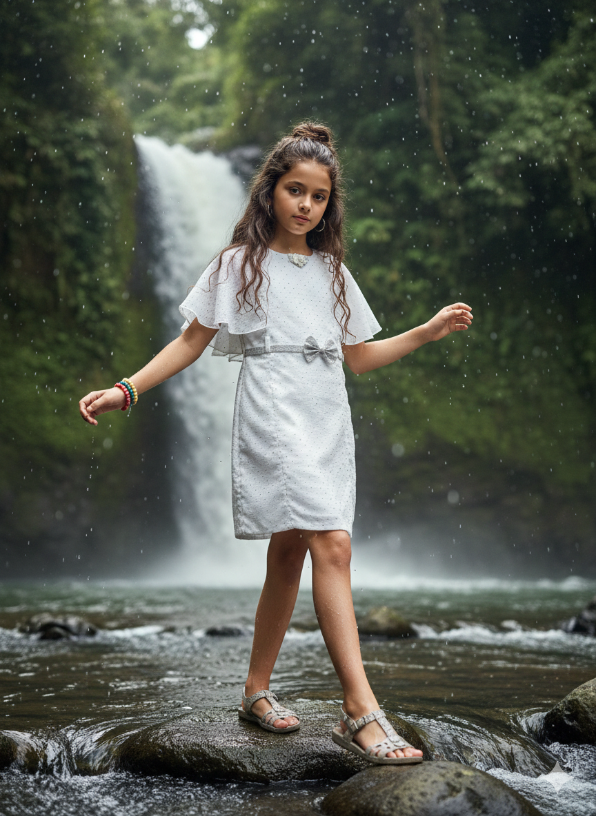 Girls White Self-Textured Half Sleeve Party Midi Dress