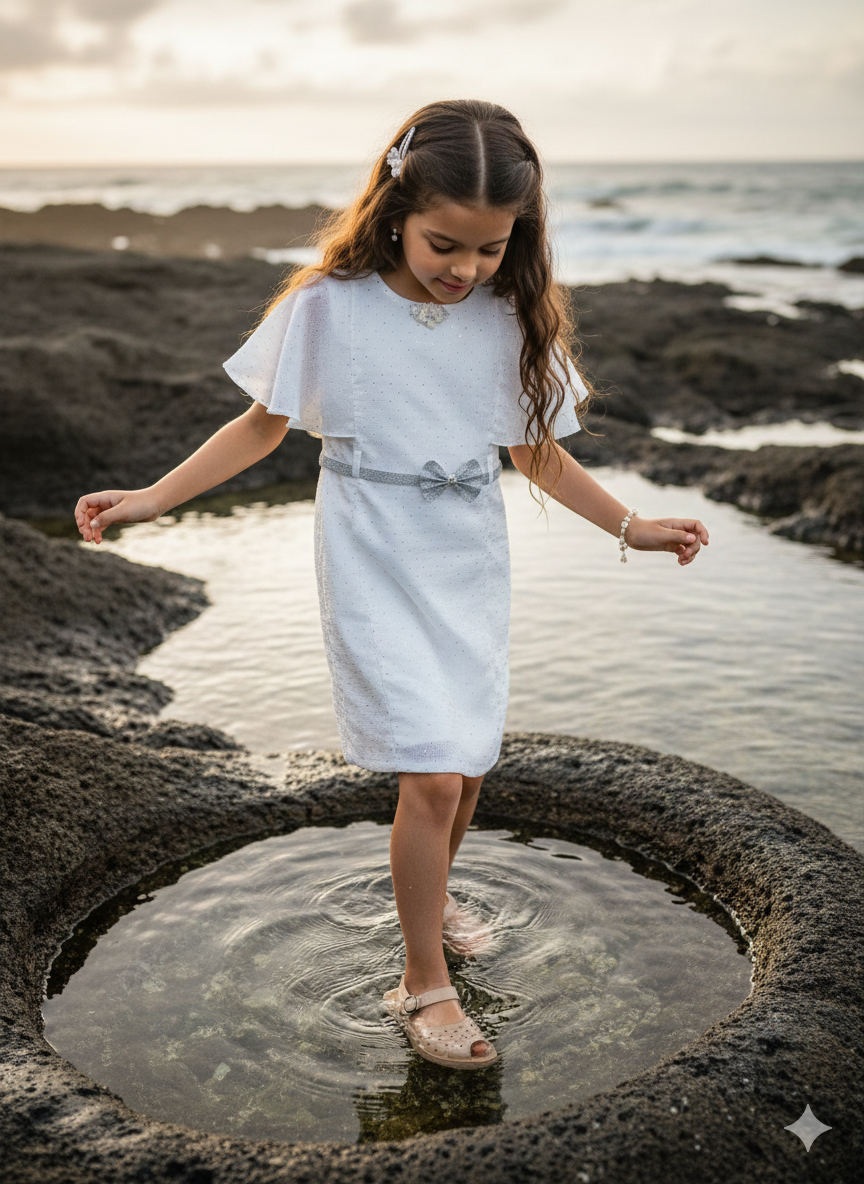 Girls White Self-Textured Half Sleeve Party Midi Dress