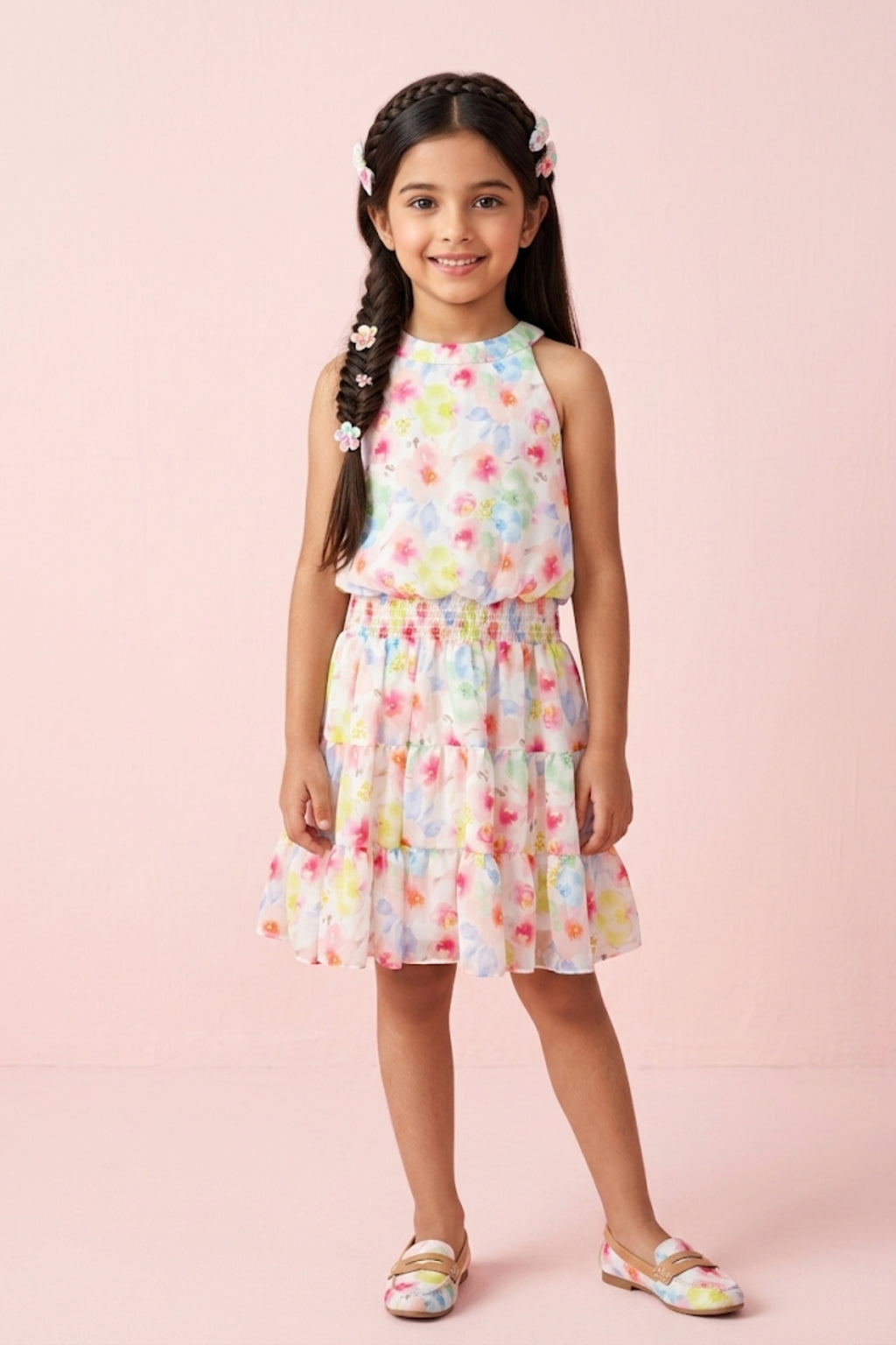 Girls Red Floral Layered Frock
