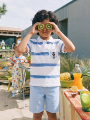Boys White Cotton Horizontal Striped Regular Fit Polo Shirt