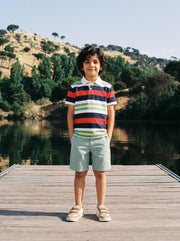 Boys Off White Striped Cotton Polo Knit Top Regular Fit
