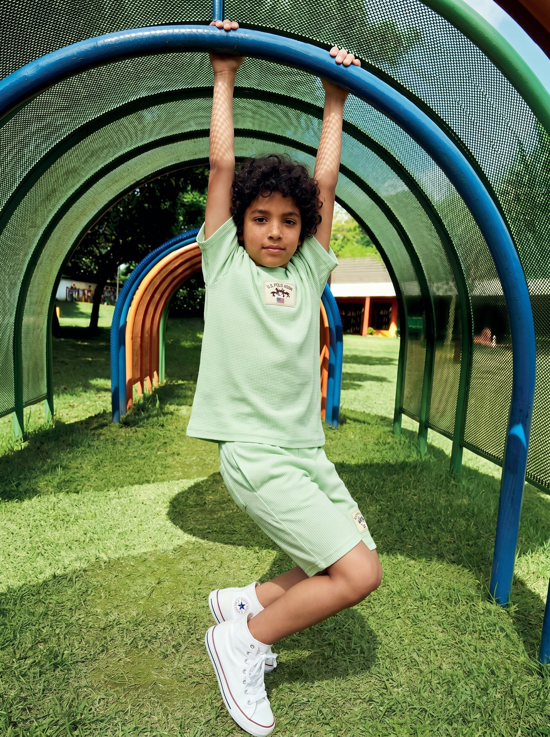 Boys Light Green Cotton Blend Textured Oversized T-Shirt