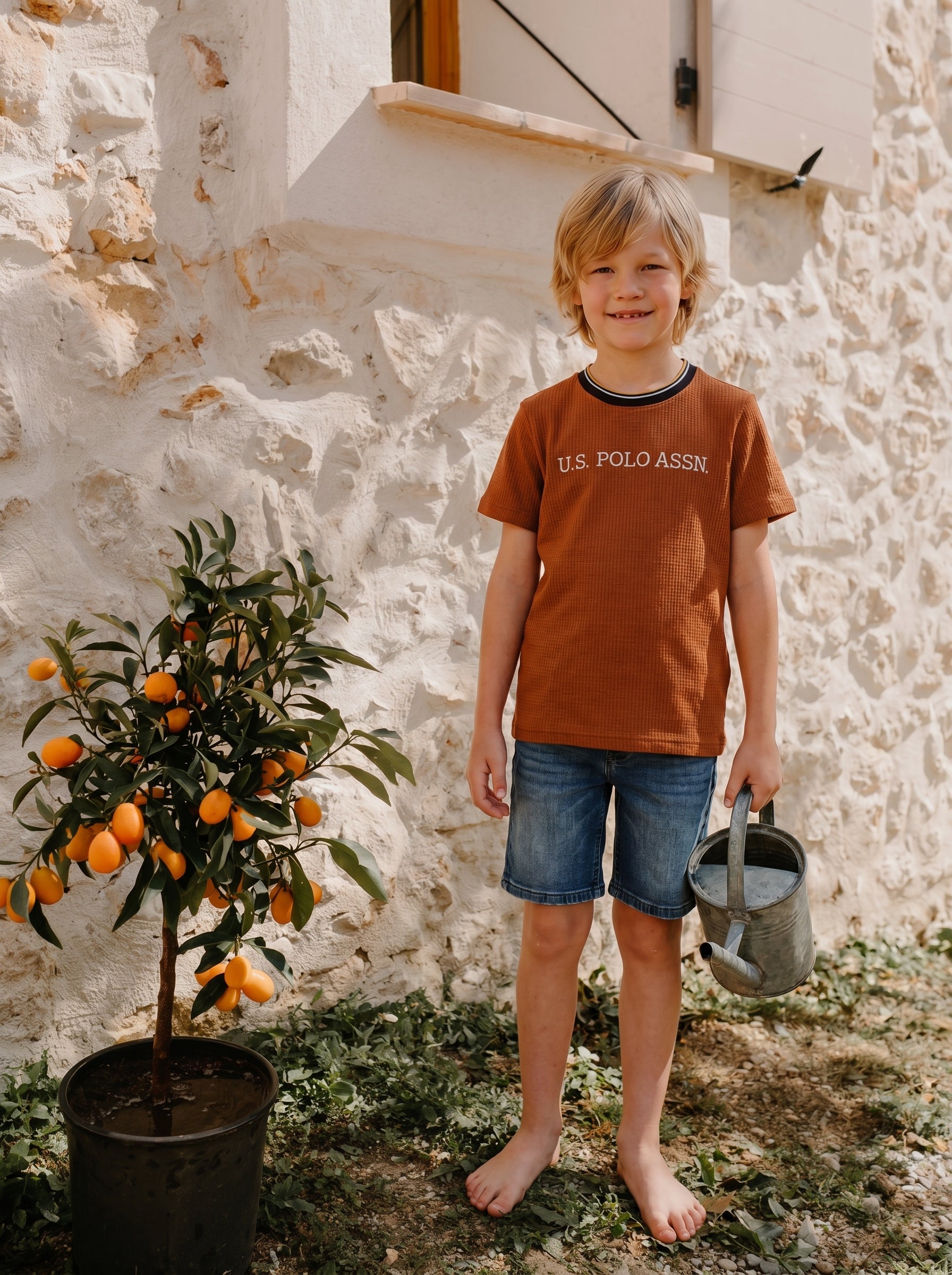 Boys Rust Cotton Blend Self Design Regular Fit T-Shirt