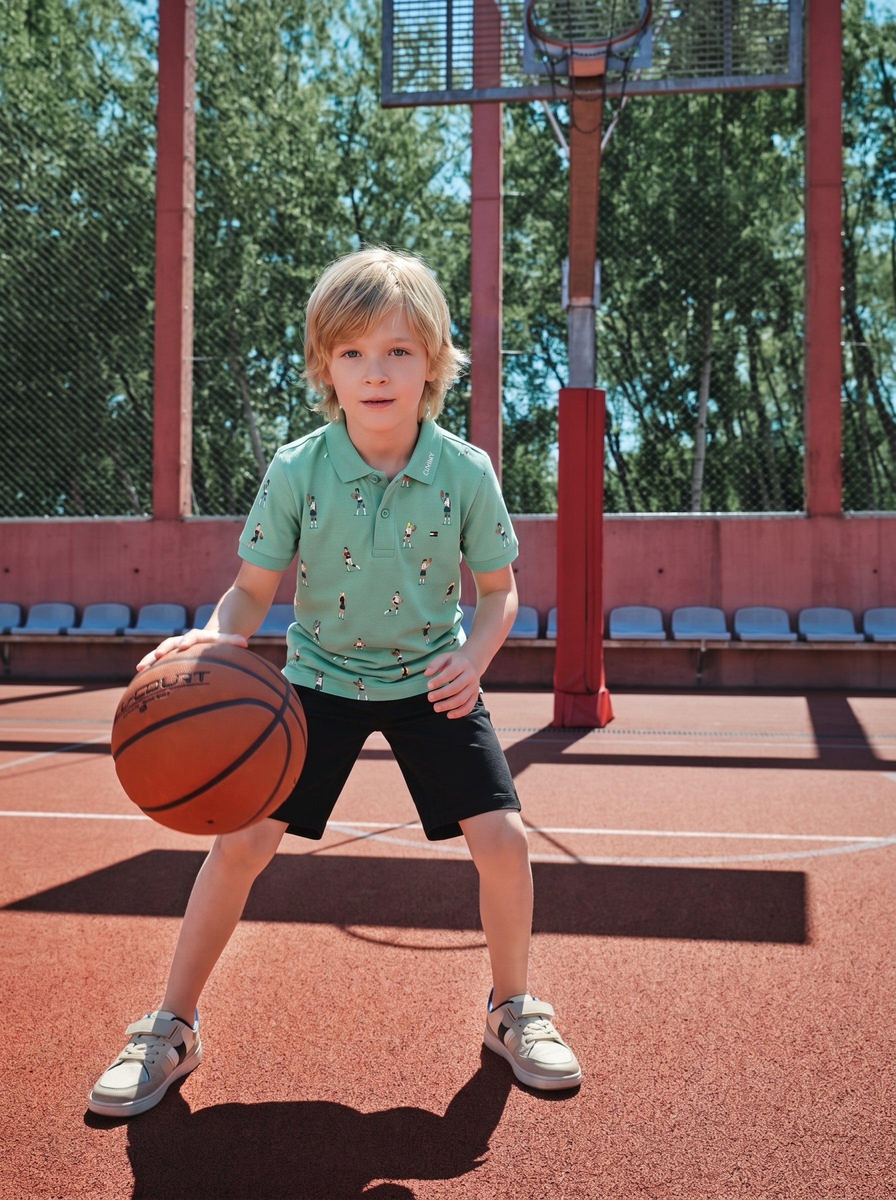 Boys Green Printed Cotton Polo Knit Top Regular Fit