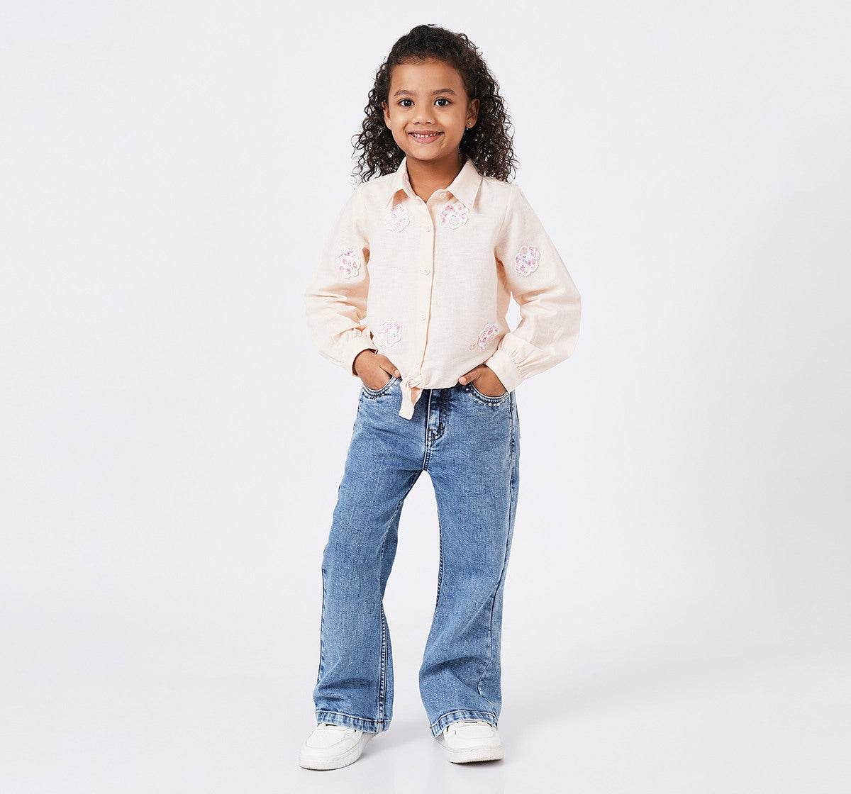 Girls Light Peach Floral Applique Patch Shirt