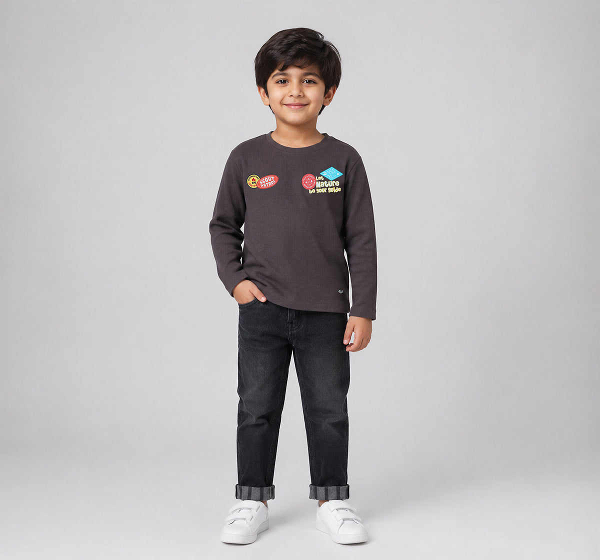Boys Brown Waffle Textured Applique Regular Fit T-Shirt