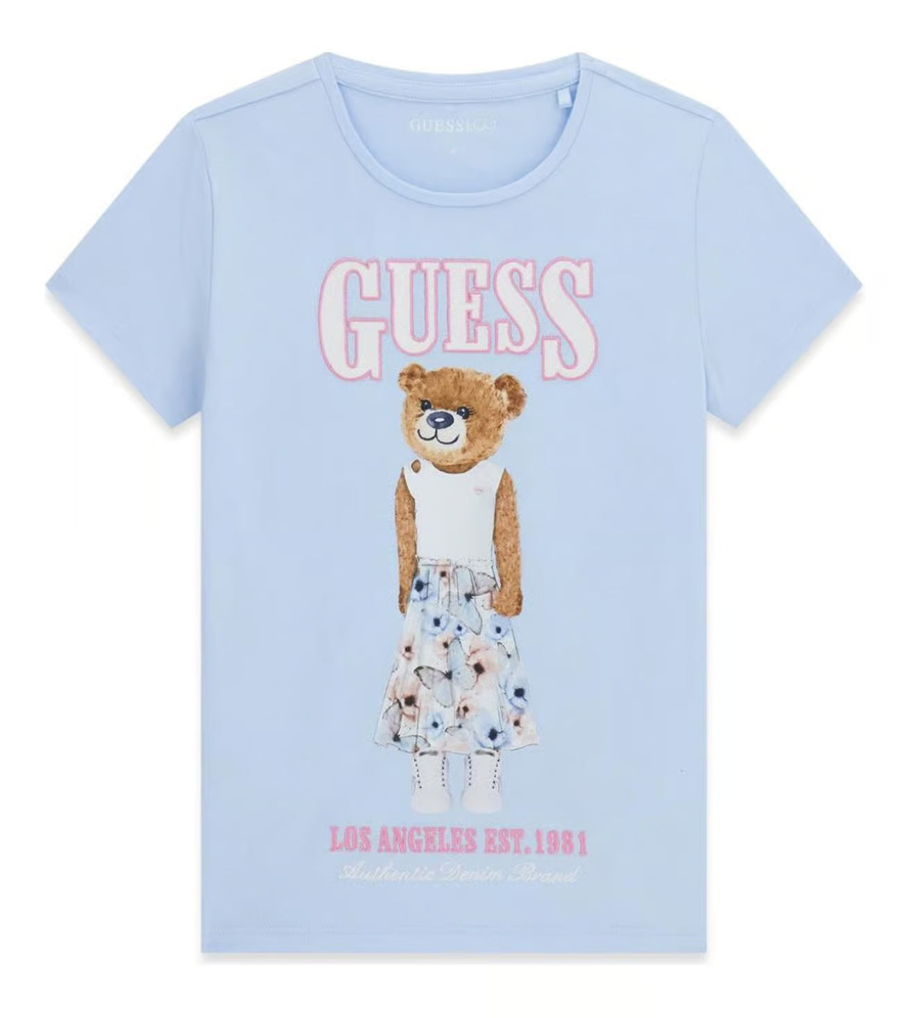 GUESS Girls Blue Printed Regular Fit Cotton T-Shirt