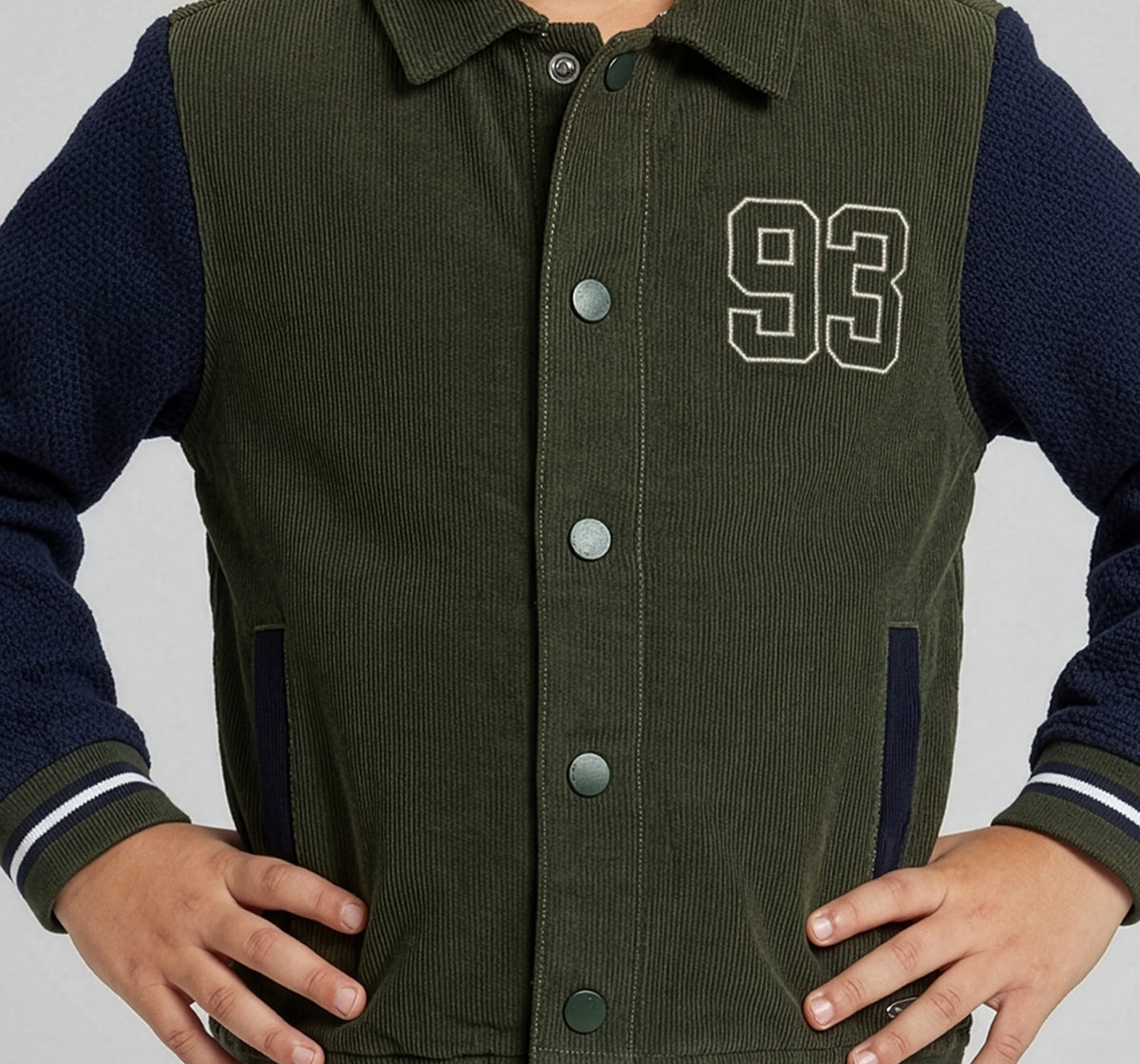 Colorblock Corduroy Jacket with Applique Olive
