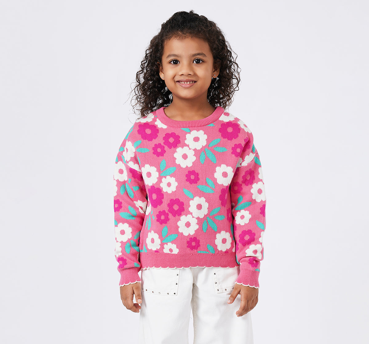 Floral Sweater with Scalloped Hem Multicolor