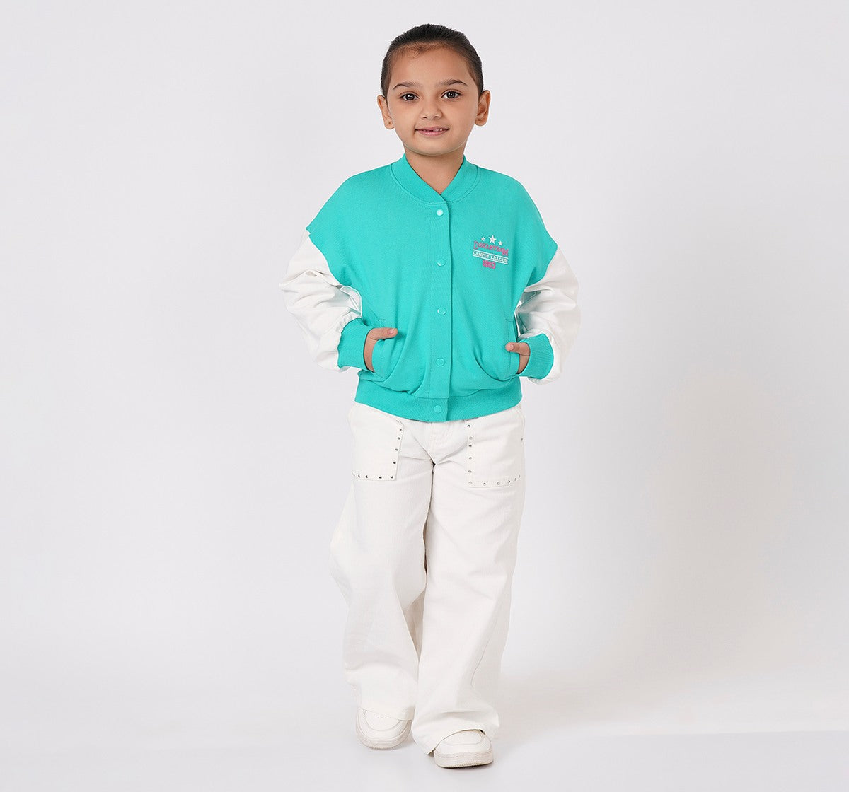 Girls Sea Green Varsity Bomber Knit Jacket