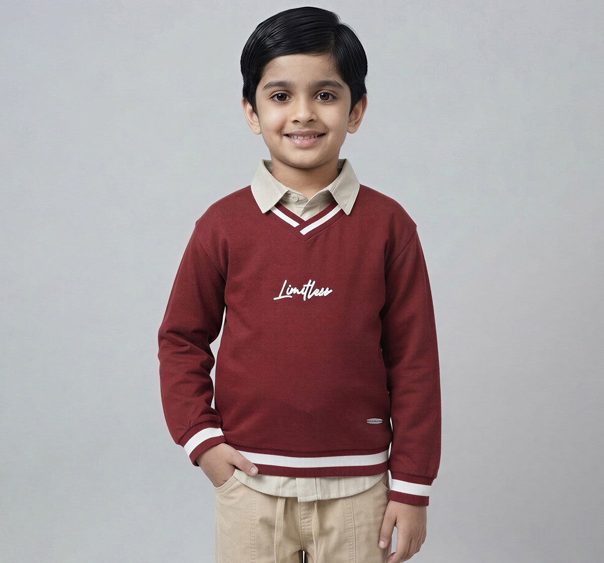 V-Neck Sweatshirt Withback Applique Detail Red