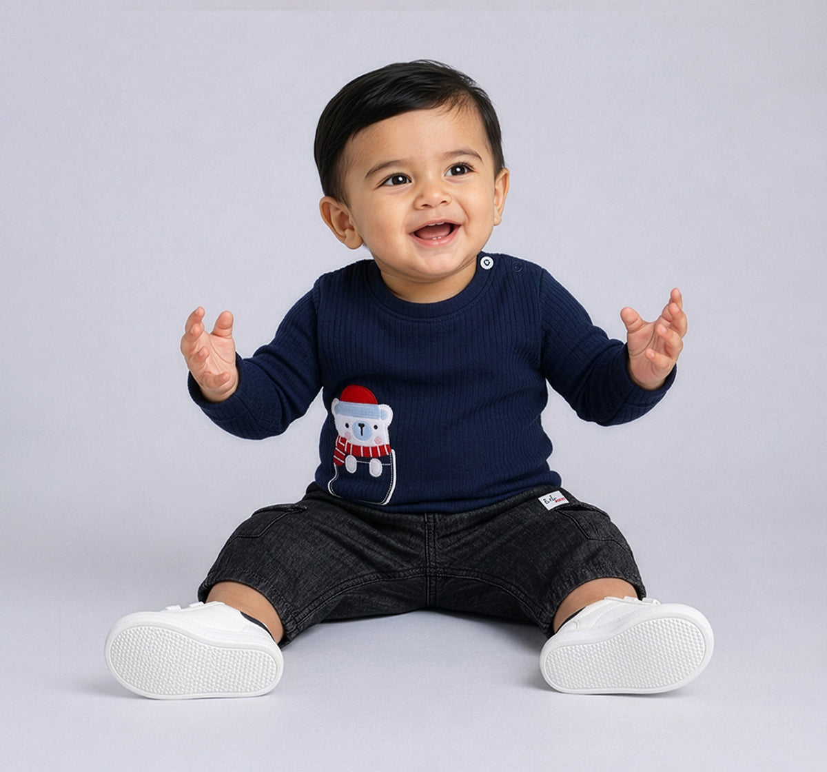 Infant Boys Blue Regular-Fit Textured Full-Sleeve Applique T-Shirt