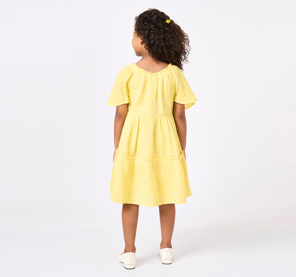 Girls Yellow Cotton Embroidered Tiered Dress