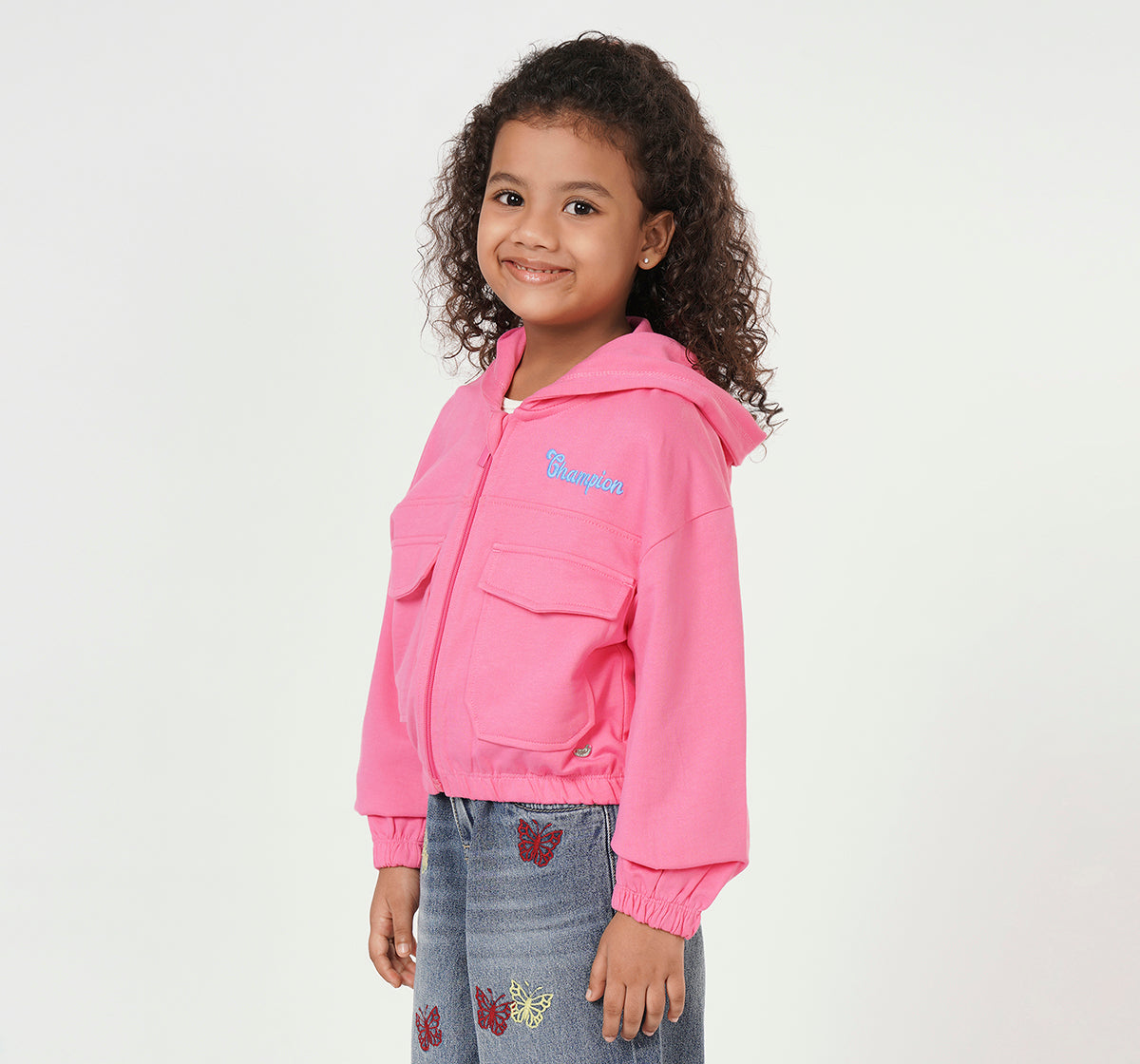 Girls Pink Hooded Fleece Jacket with Utility Pockets