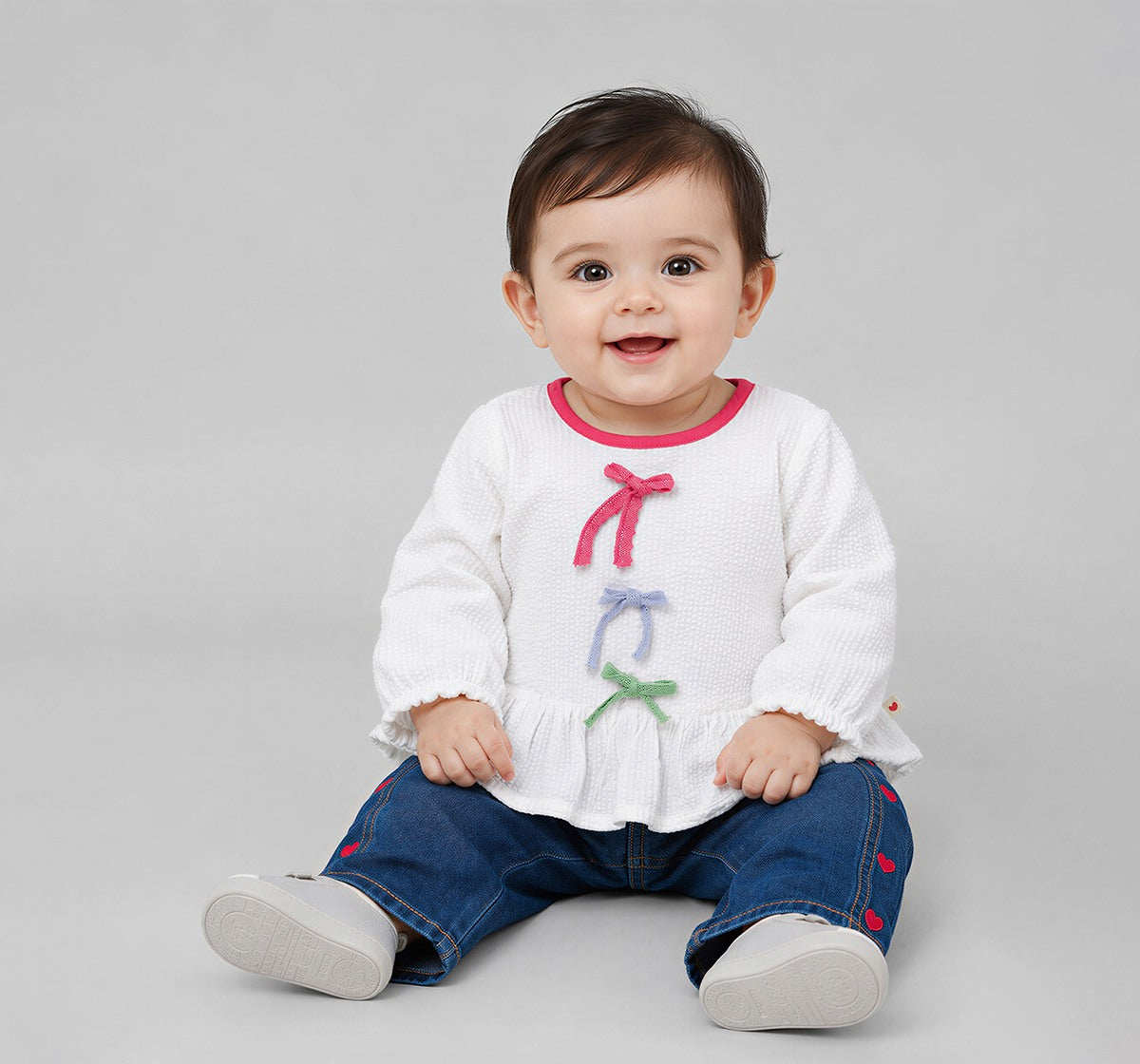 Peplum Top with Multicolor Bows Off-White