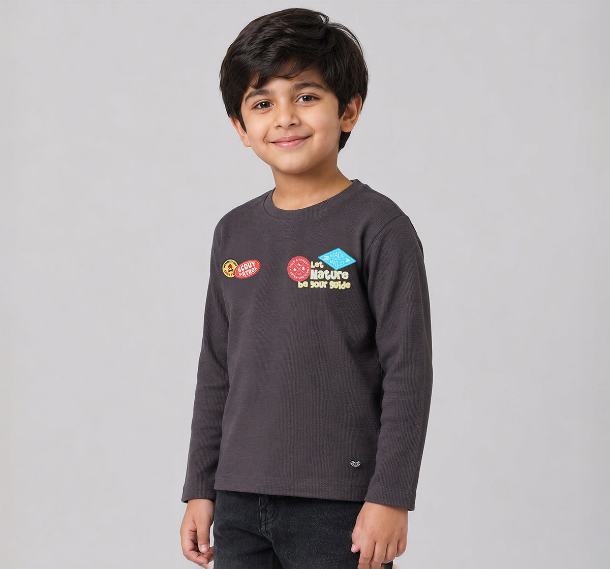 Boys Brown Waffle Textured Applique Regular Fit T-Shirt