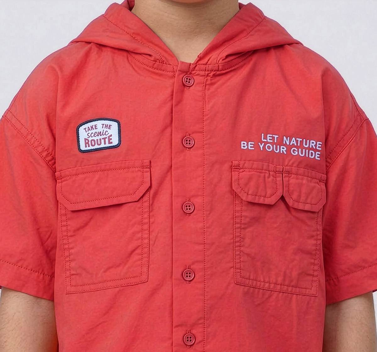 Hooded Poplin Shirt with Pockets Red