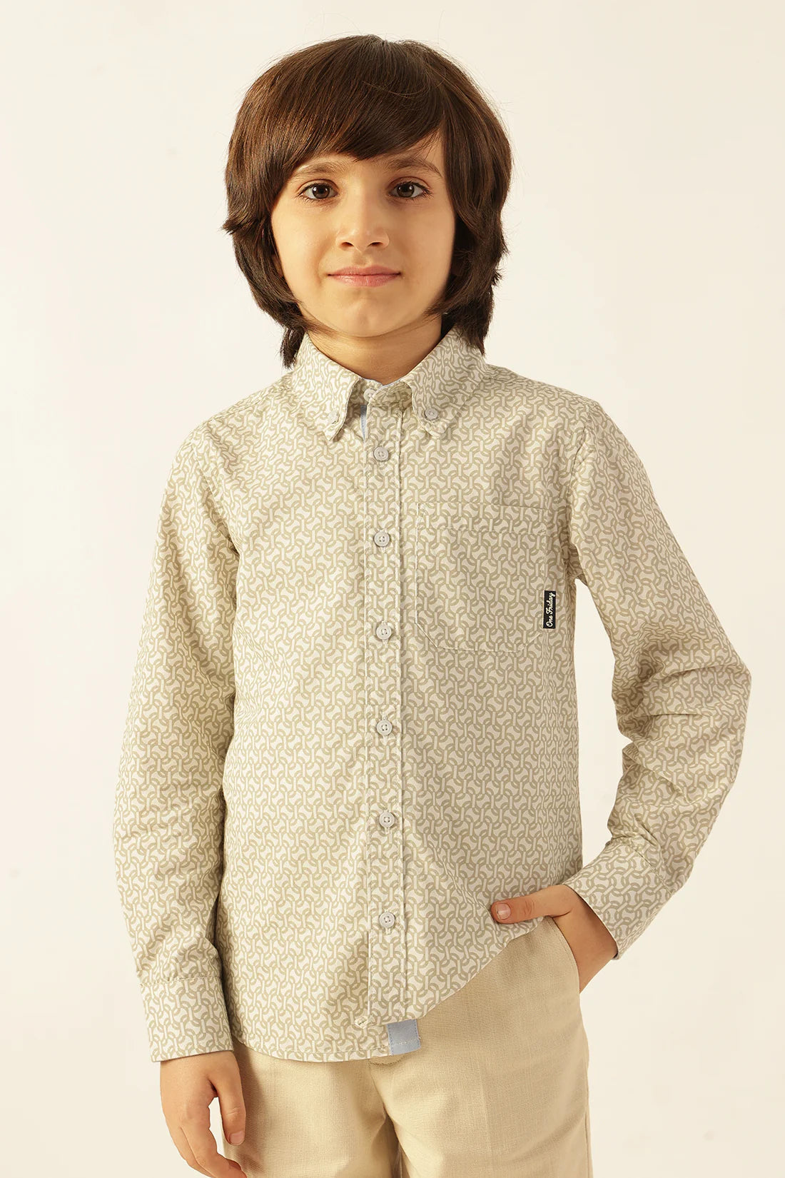 Boys Beige Abstract Print Cotton Shirt