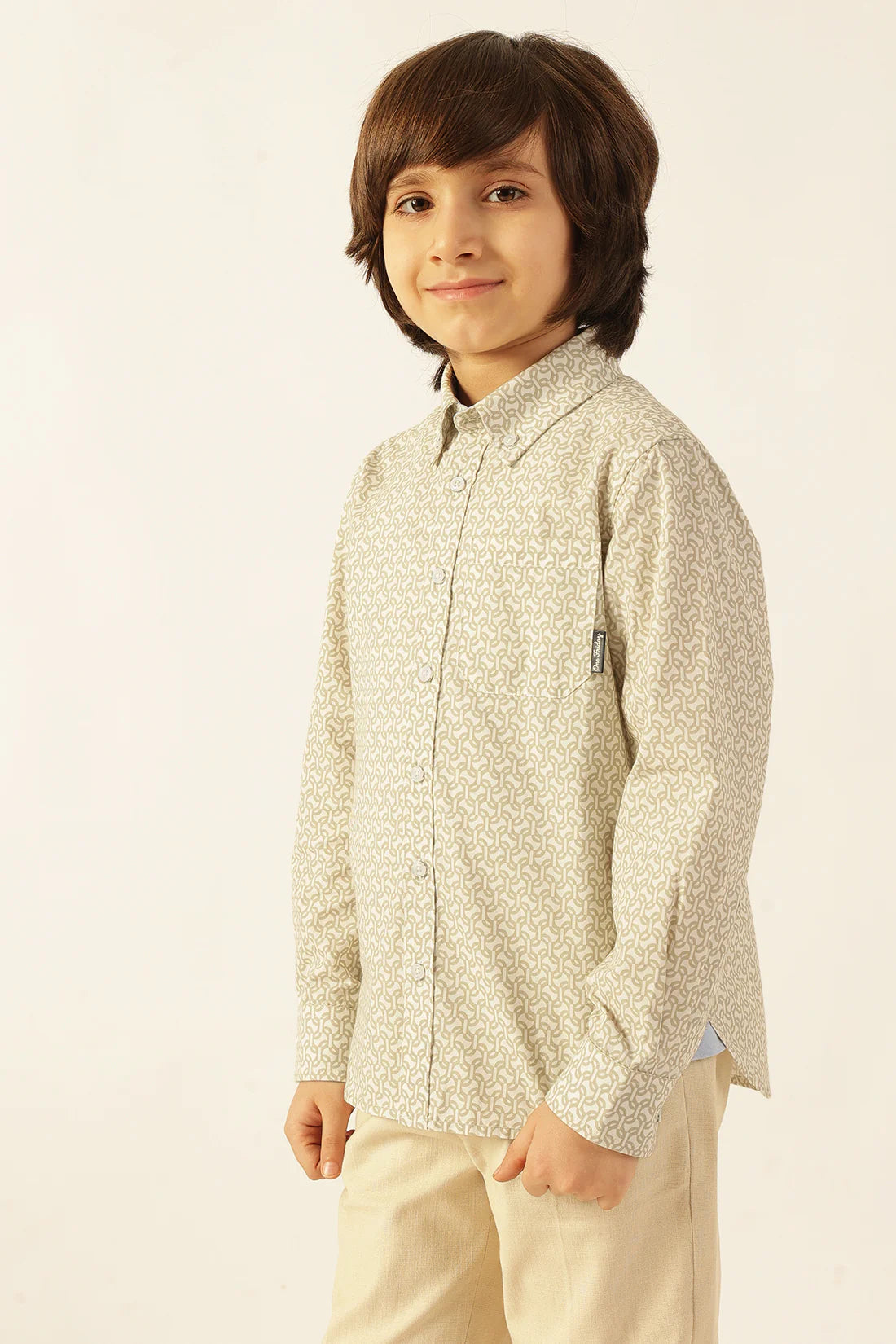 Boys Beige Abstract Print Cotton Shirt