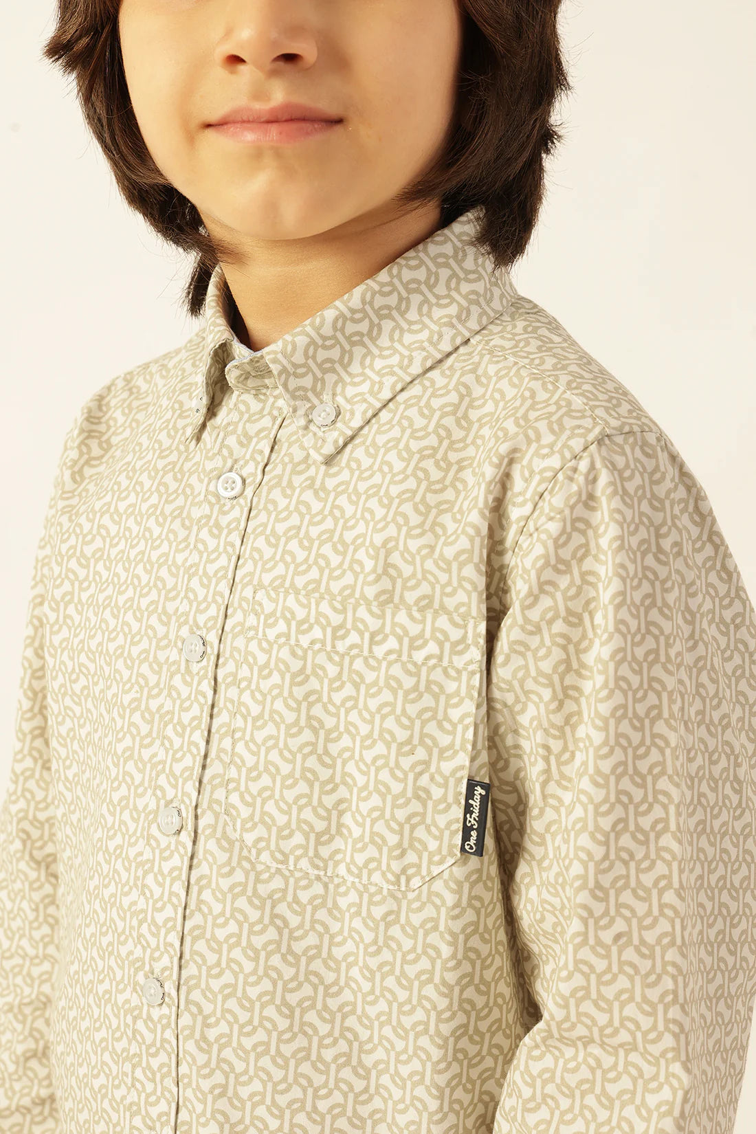 Boys Beige Abstract Print Cotton Shirt