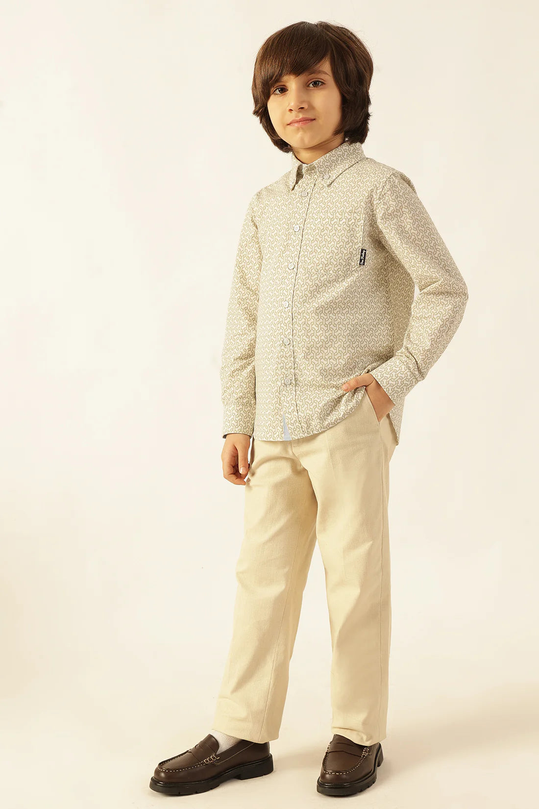 Boys Beige Abstract Print Cotton Shirt