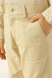 Boys Beige Solid Cotton Slub Trousers
