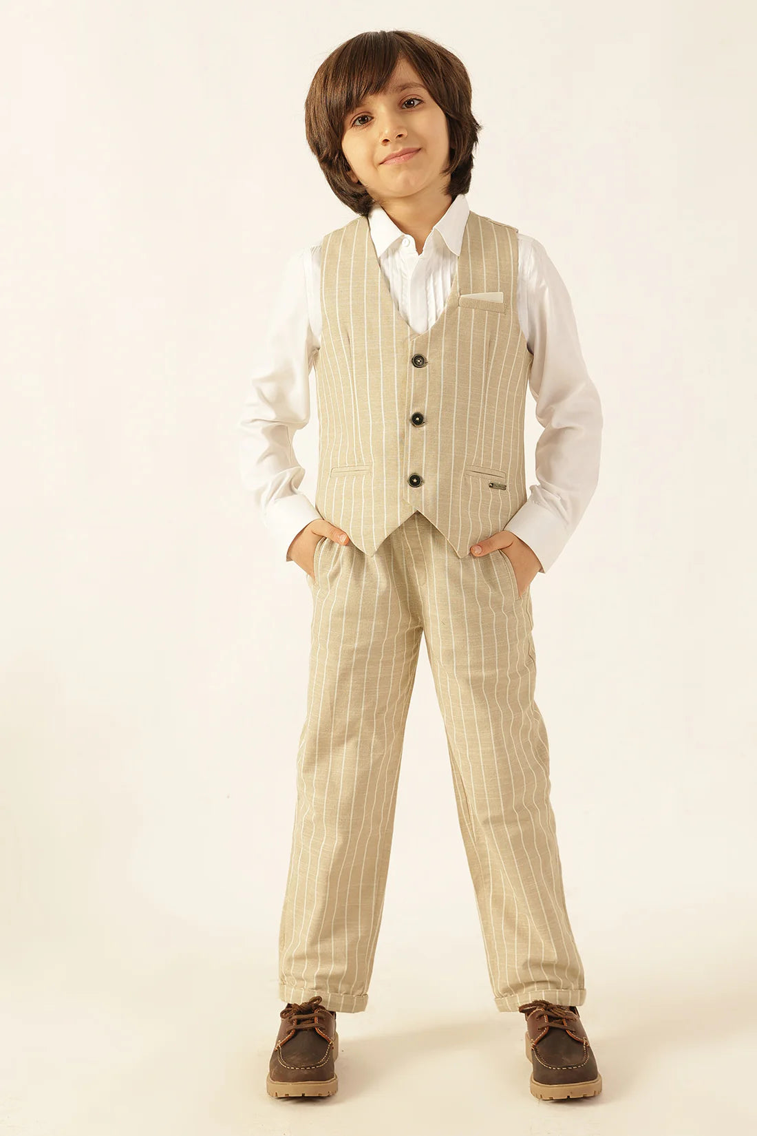 Boys Beige Striped Yarn Dyed Waistcoat