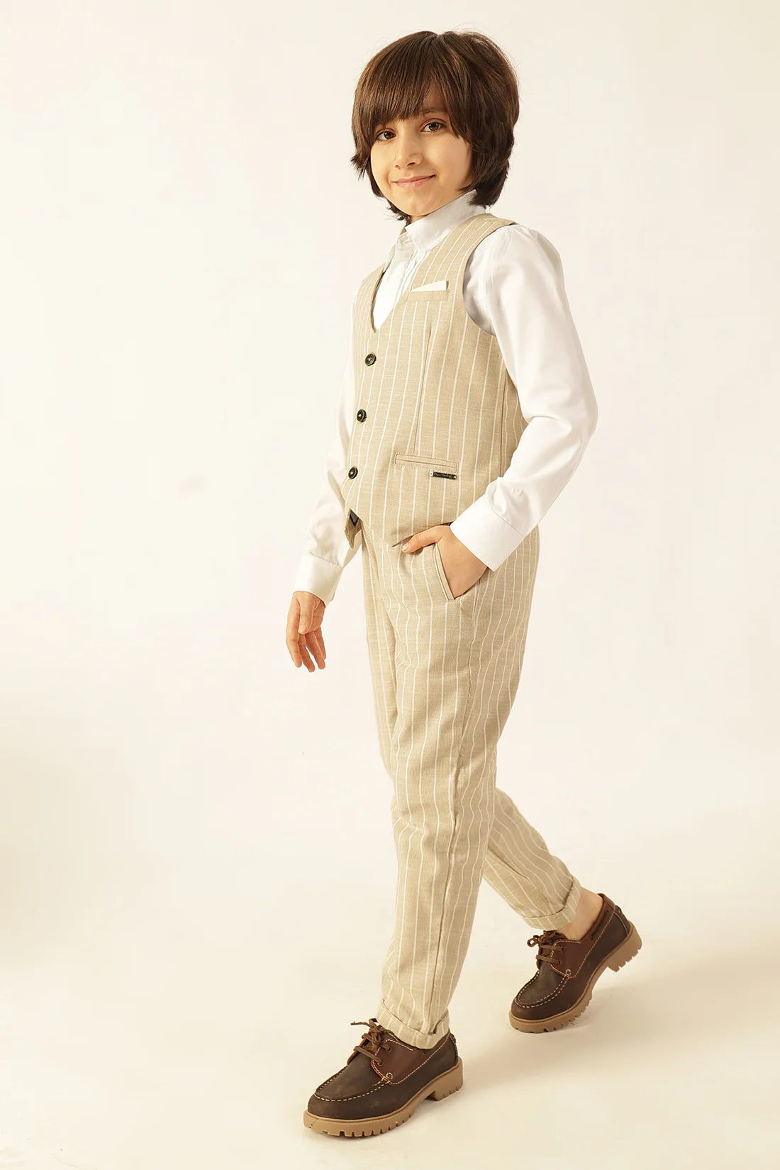 Boys Beige Striped Yarn Dyed Waistcoat