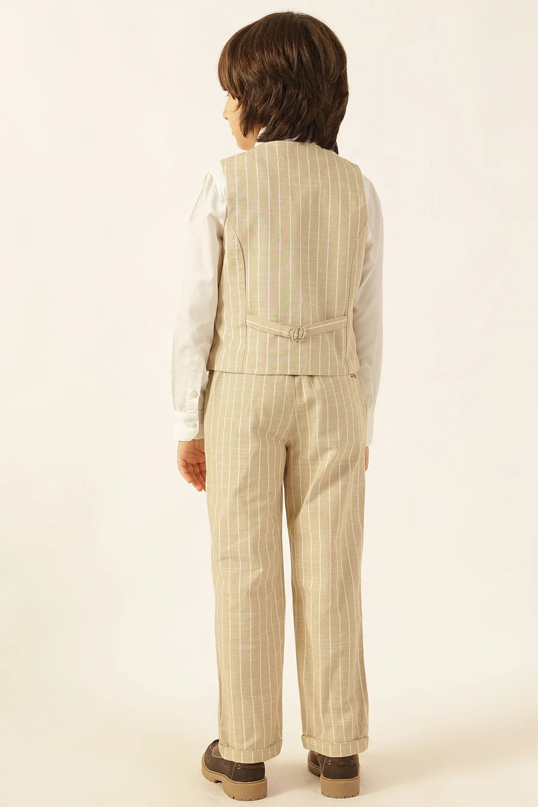 Boys Beige Striped Yarn Dyed Waistcoat
