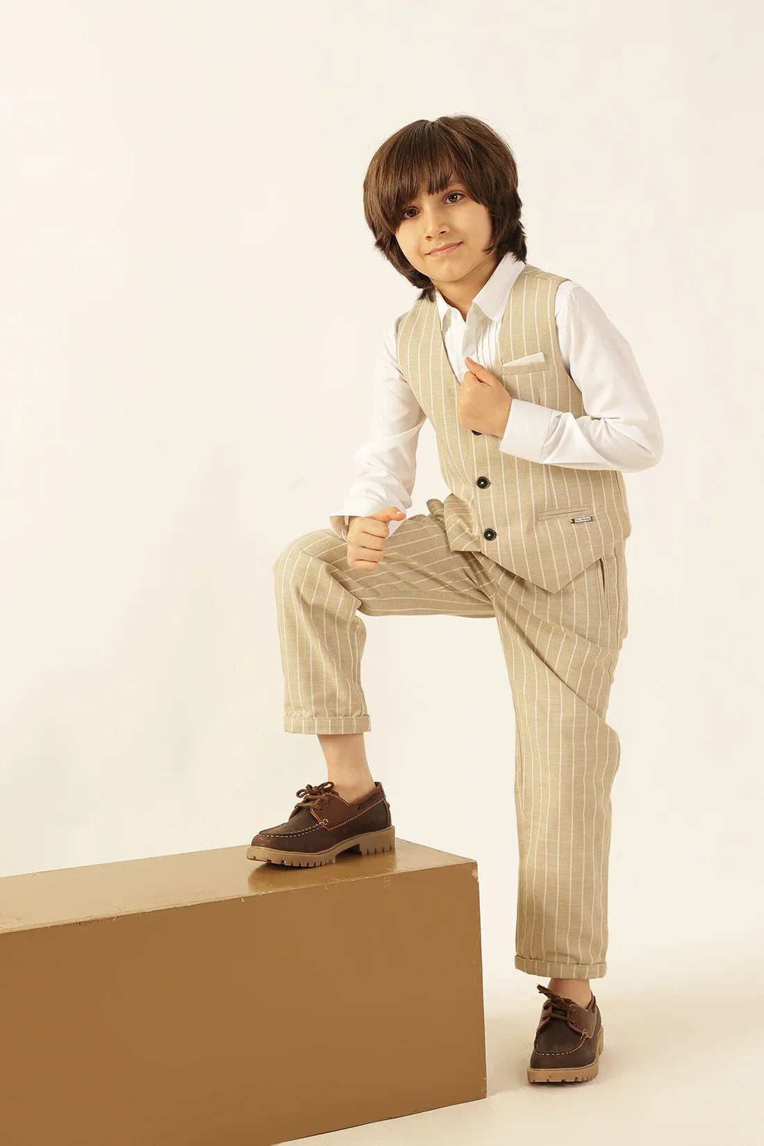 Boys Beige Striped Yarn Dyed Waistcoat