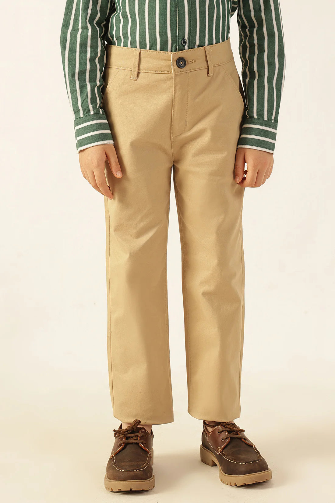 Boys Beige Solid Twill Trousers