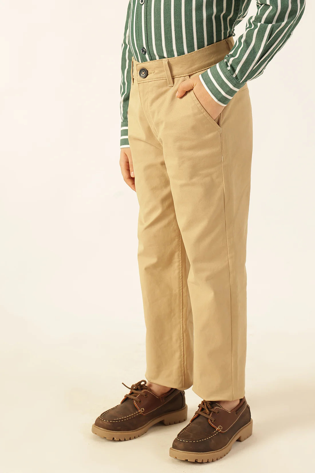 Boys Beige Solid Twill Trousers
