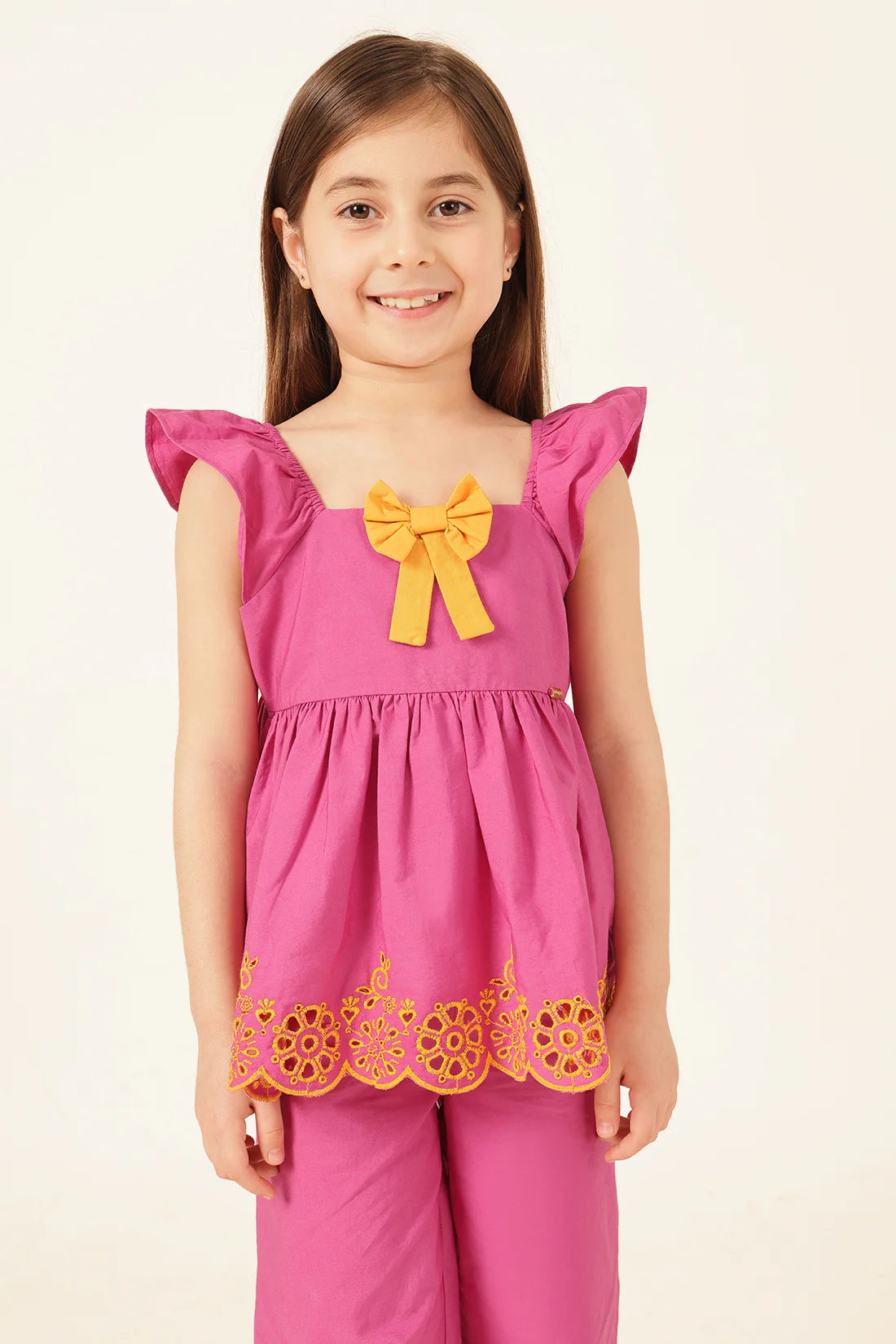 Girls Pink Schiffli Square Neck Cotton Top